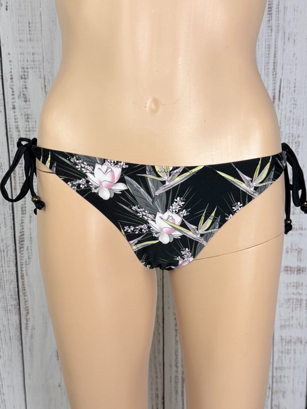 NWOT Paper Dolls Black Tropical Floral Tie Side Bikini Bottom Only Size 12